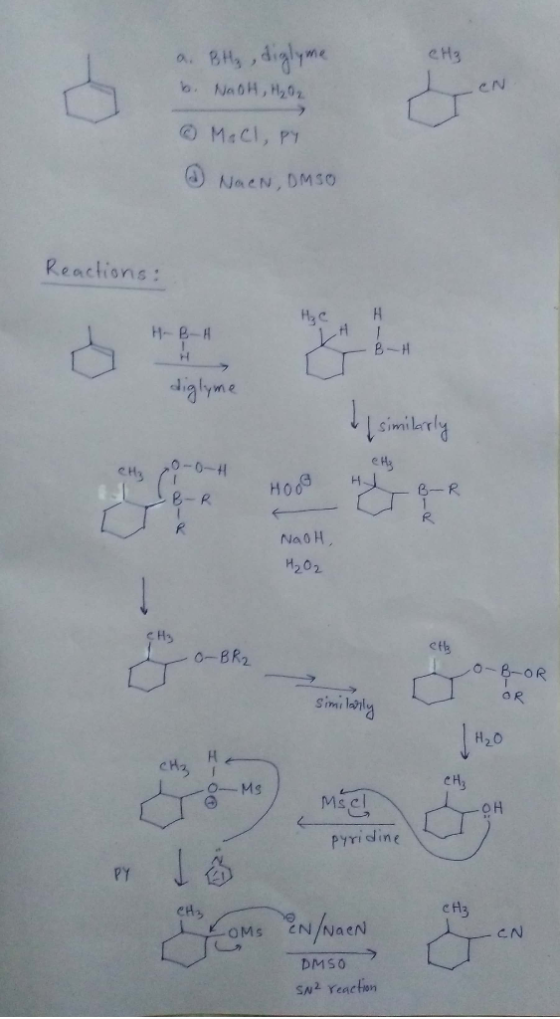 a. BH₂, diglyne b. NaOH, H₂0₂ ② MaCl, py ② NOCN, OMSO Reactions: H diglyme a similarly ets Н B-R HOOG B-R U NOOH, H₂O2 eth -o