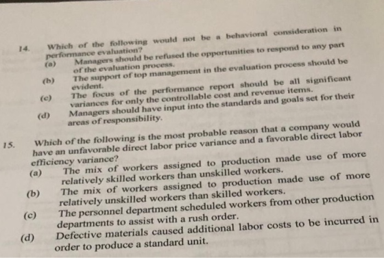 Which of the following would not be a behavioral consideration in performance evaluation? Managers should be refused the oppo