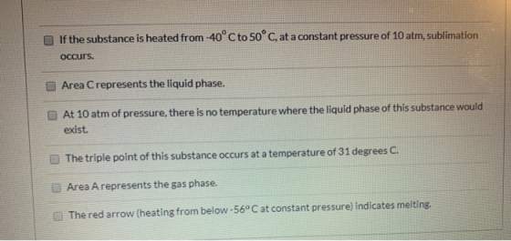 If the substance is heated from -40° C to 50° C, at a constant pressure of 10 atm, sublimation OCCurs Area Crepresents the li