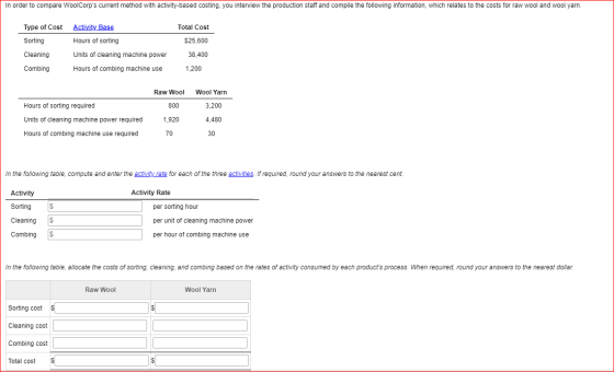 In order to compare WoolCorps current method with activity-based costing, you interview the production staff and compile the