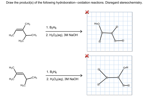 Draw the product(s) of the following hydroboration-oxidation reactions. Disregard stereochemistry. 1. B2H6 rose x H3C -CH3 2.