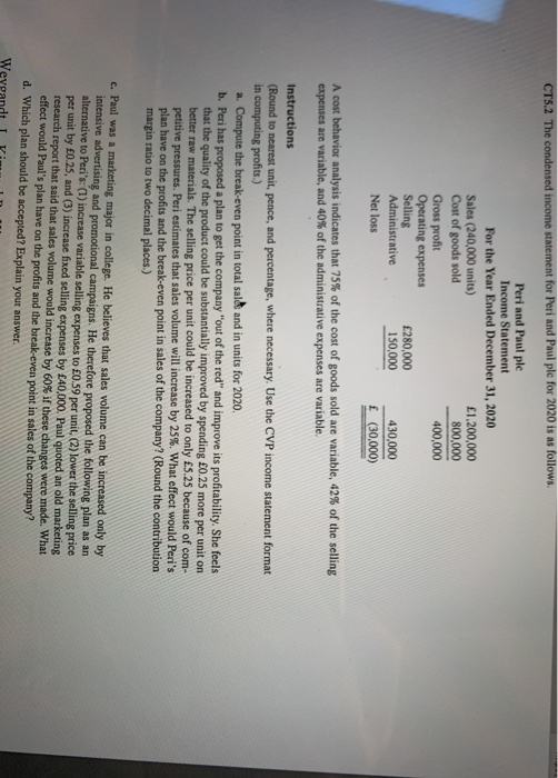 CT5.2 The condensed income statement for Peri and Paul ple for 2020 is as follows. Peri and Paul ple Income Statement For the