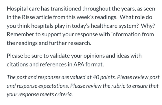 Hospital care has transitioned throughout the years, as seen in the Risse article from this weeks readings. What role do you
