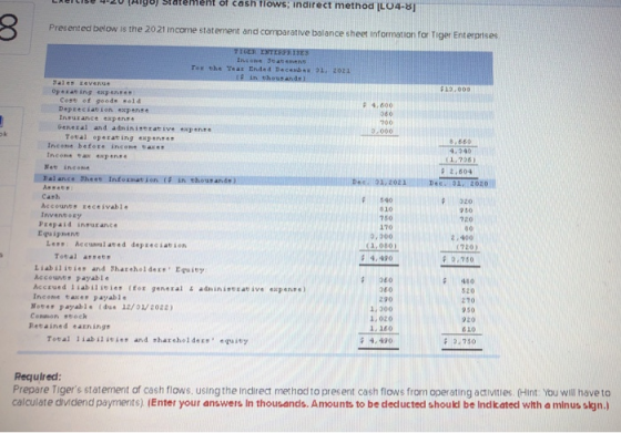 LABILIBU W-20 Thiyo) Statement of cash flows; indirect method L04-8] Presented below is the 20 21 income statement and compar