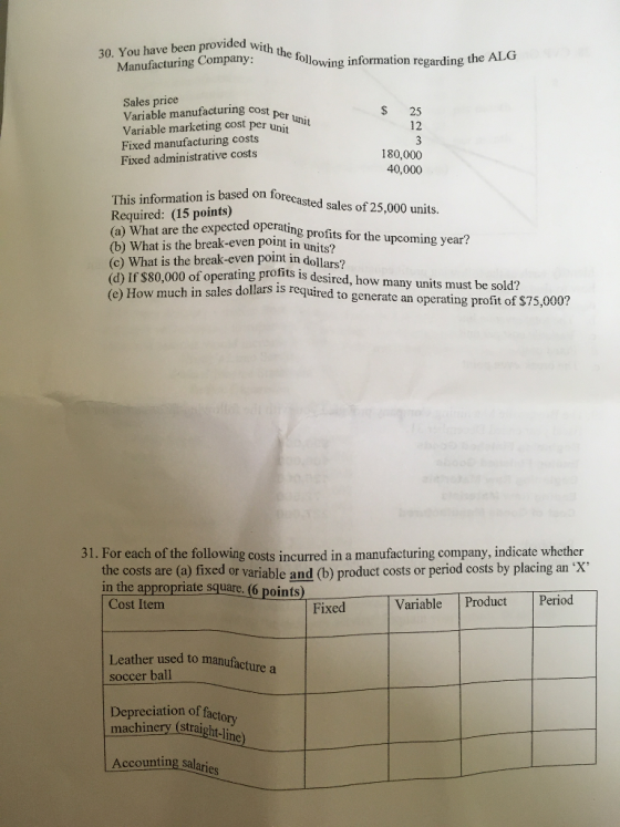 30. You have been provided with Manufacturing Company: Tollowing information regarding the ALG cost per unit $ 25 12 Sales pr