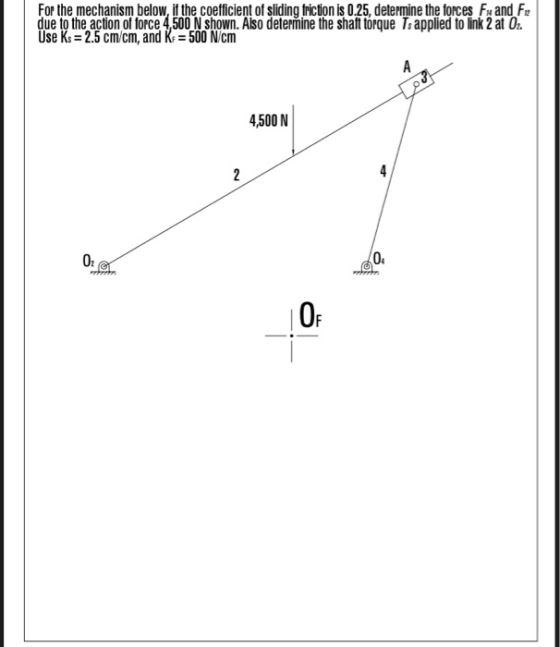 For the mechanism below, if the coefficient of sliding friction is 0.25, determine the forces Fx and Fr due to the action of