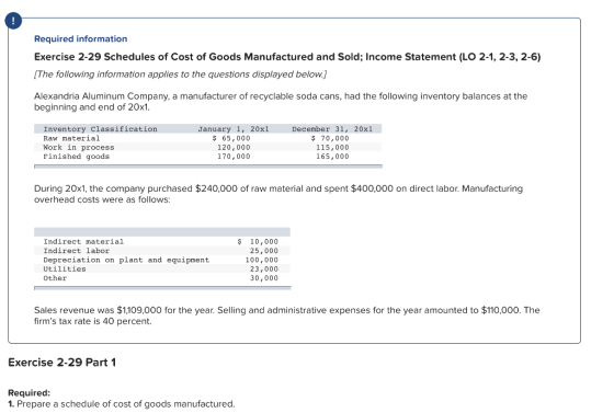 Required information Exercise 2-29 Schedules of Cost of Goods Manufactured and Sold Income Statement (LO 2-1, 2-3, 2-6) [The following information applies to the questions displayed below.] Alexandria Aluminum Company, a manufacturer of recyclable soda cans, had the following inventory balances at the beginning and end of 20x1 Inventory Classification Raw material Work in process Finished goods January 1, 20x1 $ 65, 000 120,000 170,000 December 31, 20x1 $ 70,000 115,000 165,000 During 20x1, the company purchased $240,000 of raw material and spent $400,000 on direct labor. Manufacturing overhead costs were as follows indirect material Indirect labor Depreciation on plant and equipment Utilities Other $ 10,000 25,000 100,000 23,000 30,000 Sales revenue was $1,109,000 for the year. Selling and administrative expenses for the year amounted to $110,000. The firms tax rate is 40 percent. Exercise 2-29 Part 1 Required: 1. Prepare a schedule of cost of goods manufactured