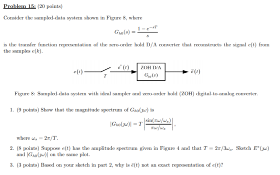Problem 15: (20 points) Consider the sampled-data system shown in Figure 8, where Gho(s) is the transfer function representation of the zero-order hold D/A converter that reconstructs the signal e(t) from the samples e(k) Figure 8: Sampled-data system with ideal sampler and zero-order hold (ZOH) digital-to-analog converter 1. (0 points) Show that the magnitude spectrum of Gho(u) is Twlws where ws = 2π/T. 2. (8 points) Suppose e(t) has the amplitude spectrum given in Figure 4 and that T-2π/3.。. Sketch E u) and ļGho(xu)l on the saine plot. 3, (3 points) Based on your sketch in part 2, why is е(t) not an exact representation of e(t)?