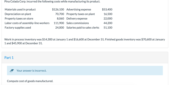 Pina Colada Corp. incurred the following costs while manufacturing its product. Materials used in product Depreciation on pla