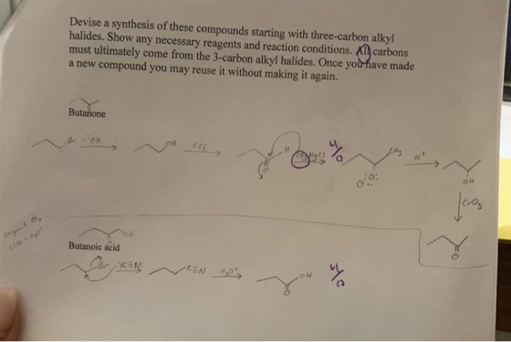 Devise a synthesis of these compounds starting with three-carbon alkyl halides. Show any necessary reagents and reaction cond