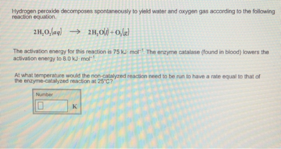 Hydrogen peroxide decomposes spontaneously to yield water and oxygen gas according to the following reaction equation 24,0,(a