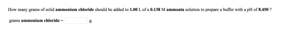 How many grams of solid ammonium chloride should be added to 1.00 L of a 0.138 M ammonia solution to prepare a buffer with a