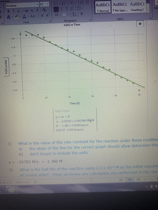 Verdana 12 BIU - ab x, XA A.P.A. A Α Α AaBbcc AaBbcc AaBb C 1 Normal T No Spac... Heading 1 Edi 219 Paragraph In[A] vs Time