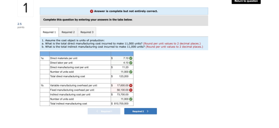 Return to question 1 O Answer is complete but not entirely correct. Complete this question by entering your answers in the ta