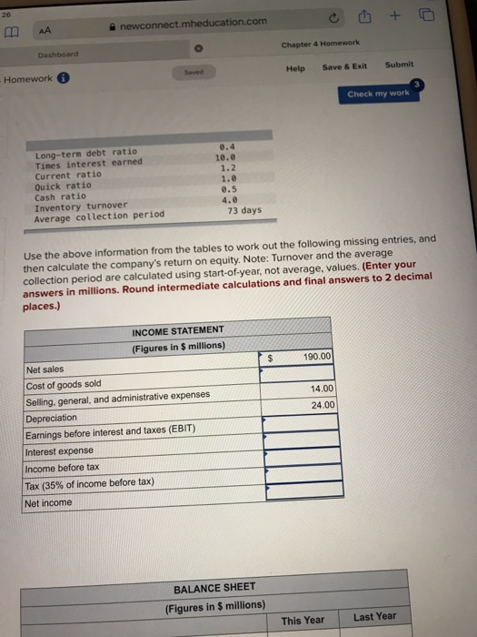 m AA newconnect.mheducation.com Dashboard Chapter 4 Homework Homework Help Save & Exit Submit Check my work Long-term debt ra