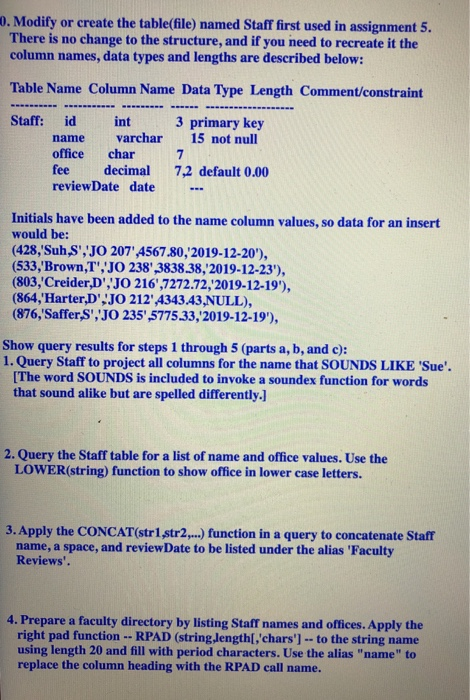 0. Modify or create the table(file) named Staff first used in assignment 5. There is no change to the structure, and if you n