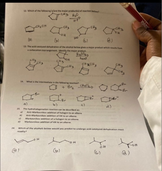 12. Which of the following is/are the major product(s) of reaction below cH3 HO HT 13. The acid catalyzed dehydration of the