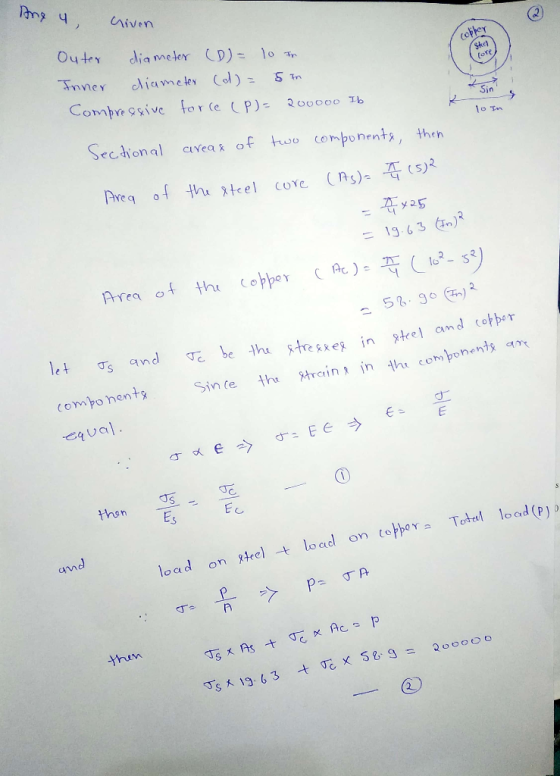 Ane u niven copper Outer diameter (D)= 10 in Inner diameter (d) = 5 In Compressive force (P)= 200000 Ib two componenta, then