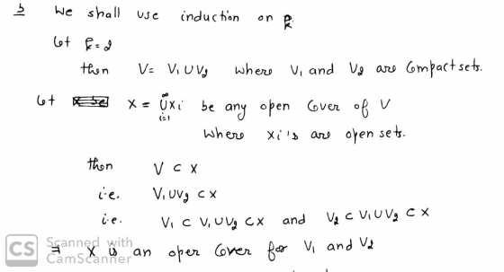 lo (1 We shall use induction on p. et fe=2 then V=VIUVO where V, and va are compact sets. 6+ 5 x - Úxi be any open Gover of u