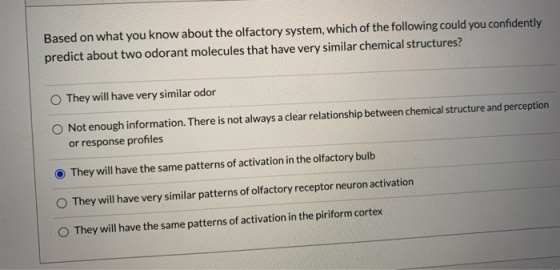 Based on what you know about the olfactory system, which of the following could you confidently predict about two odorant mol