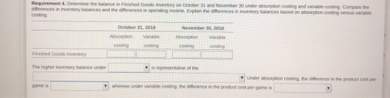 Requirement 4. Determine the balance in Finished Goods Inventory on October 31 and November 30 under absorption costing and v