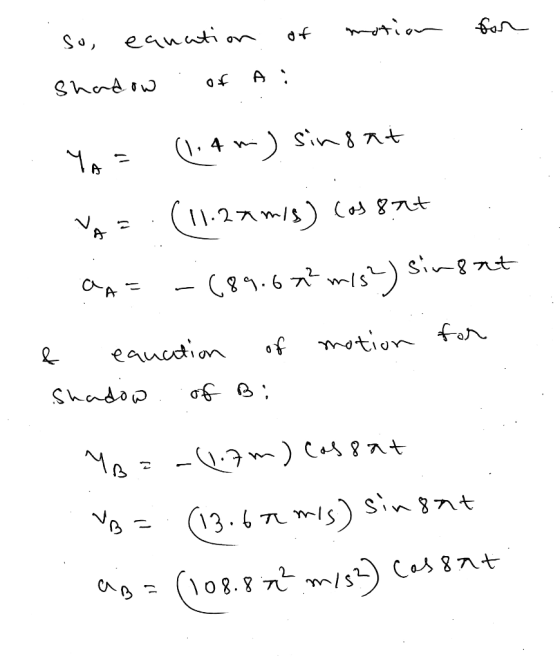 motion for so, eanation of A: shadow . of YA = (1.4m) singat VA=. (11.27m/s) Los 874 aa= -(89.67² m/s) singat & ecuation of m