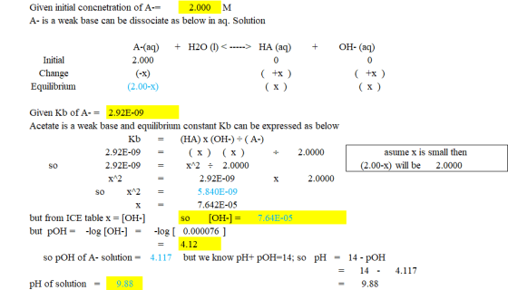 Given initial concnetration of A= 2.000 M A- is a weak base can be dissociate as below in aq. Solution + A-(aq) 2.000 Initial