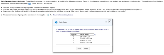 Early Payment discount decisions Prairie Manufacturing has four possible suppliers, all of which offer different credit terms