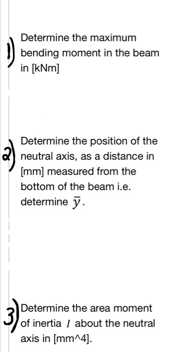 Determine the maximumm bending moment in the bearm in [kNm] Determine the position of the neutral axis, as a distance in [mm]