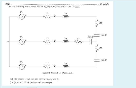 20 points (Q2) In the following three phase system van(t) = 220 cos(2x50t + 20°) VRMS. Van 122 + 1Н 10000 12 2004F Von 200F 1