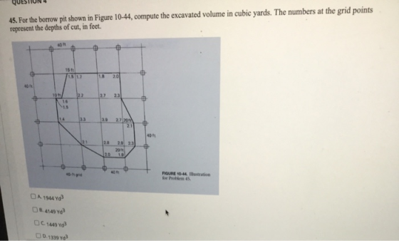 45. For the borrow pit shown in Figure 10-44, compute the excavated volume in cubic yards. The numbers at the grid points rep