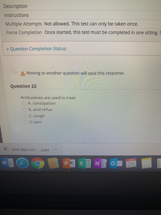 Description Instructions Multiple Attempts Not allowed. This test can only be taken once. Force Completion Once started, this