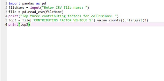 pd 1 import pandas 2 fileName as input (Enter CSV file name: pd.read_csv(fileName) ) 3 file 4 print (Top three contributin