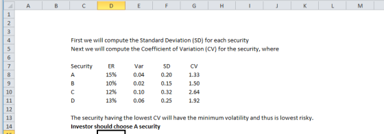 A C Е F G Н K L М 1 2 3 First we will compute the Standard Deviation (SD) for each security 4 Next we will compute the Coeffi