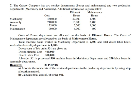2. The Galaxy Company has two service departments (Power and maintenance) and two production departments (Machinery and Assem