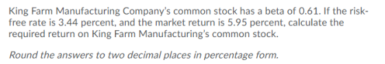 King Farm Manufacturing Companys common stock has a beta of 0.61. If the risk- free rate is 3.44 percent, and the market ret