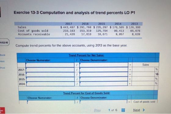 Exercise 13-3 Computation and analysis of trend percents LO P1 Sales Cost of goods sold Accounts receivable 2017 2016 2015 20
