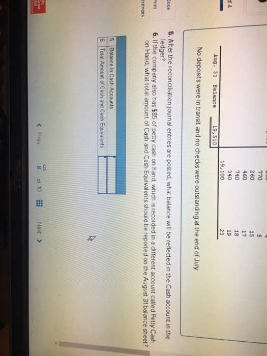 770 260 460 740 340 19, 100 15 17 18 19 23 Aug. 31 Balance 19,510 No deposits were in transit and no checks were outstanding