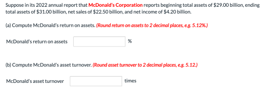 Suppose in its 2022 annual report that McDonalds Corporation reports beginning total assets of $29.00 billion, ending total