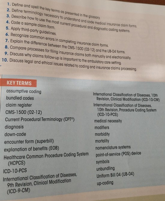 1. Define and spell the key terms os presented in the glossary 2. Define terminology necessary to understand and code medical