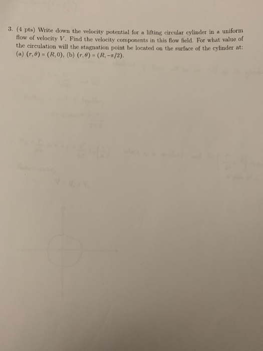 3. (4 pts) Write down the velocity potential for a lifting circular cylinder in a uniform flow of velocity V. Find the veloci