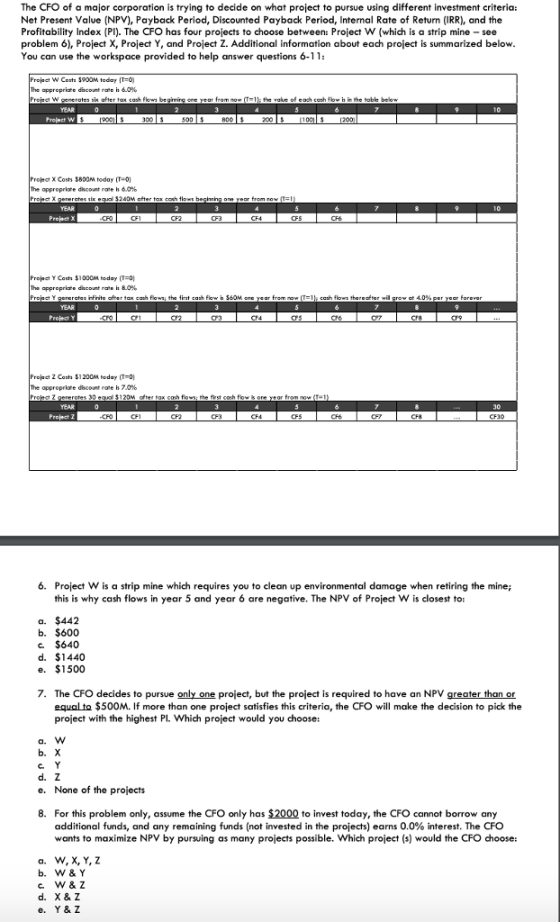 The CFO of a major corporation is trying to decide on what project to pursue using different investment criteria: Net Present Value (NPV), Payback Period, Discounted Payback Period, Internal Rate of Return (IRR), and the Profitability Index (PI). The CFO has four projects to choose between: Project W (which is a strip mine - see problem 6), Project X, Project Y, and Project Z. Additional information about each project is summarized below You can use the workspace provided to help answer questions 6-11 Project w Conta S900M today(T-01 appropriate diacouet rde il 60% oject w generales six uf1er tax sash flows beginng one year from now (T-11, the alue of each cash floy in me hable belo YEAR X Costs $800M today (T-01 appropriat. discount rene 116.096 Projact X Y Cost: $1000M today (T=01 appropriato discount rate il 80% oject Y gereratas įtrito after tax cash Flowsi tha first cash Flow n S60M onc year from now (T-1h cash flow, thereafter wil grow at 4.0% Project Y Z Cost, $ 1200M today (T-01 approprkre discon, rate 7.0% Proiect Z CFO CF 6. Project W is a strip mine which requires you to clean up environmental damage when retiring the mine; this is why cash flows in year 5 and year 6 are negative. The NPV of Project W is closest to: a. $442 b. $600 c. $640 d. $1440 e. $1500 7. The CFO decides to pursue only one project, but the project is required to have an NPV greater than or equal to $500M. If more than one project satisfies this criteria, the CFO will make the decision to pick the project with the highest Pl. Which project would you choose: C. e. None of the projects 8. For this problem only, assume the CFO only has $2000 to invest today, the CFO cannot borrow any additional funds, and any remaining funds (not invested in the projects) earns 0.0% interest. The CFO wants to maximize NPV by pursuing as many projects possible. Which project (s) would the CFO choose: a. W, X, Y, Z e. Y & Z