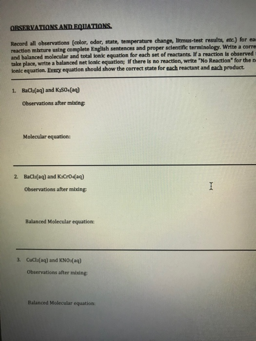ORSERVATIONS AND EQUATIONS Record all observations (color, odor, state, temperature change, litmus-test results, etc.) for er