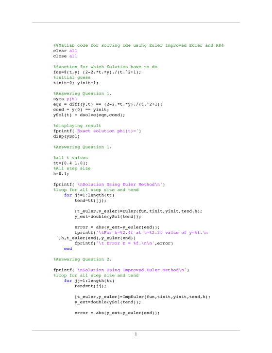% % Matlab code for solving ode using Euler Improved Euler and RK4 clear all close all %function for which Solution have to d