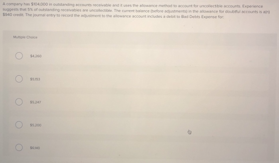 A company has $104,000 in outstanding accounts receivable and it uses the allowance method to account for uncollectible accou