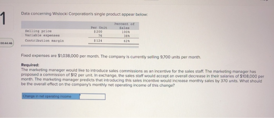 Data concerning Wislocki Corporations single product appear below: Percent of Sales Per Unit $200 1003 Selling price Variabl