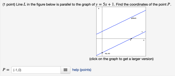 (1 point) Line L in the figure below is parallel to the graph of y = 5x + 1. Find the coordinates of the point P. y=5x+1 (0,-