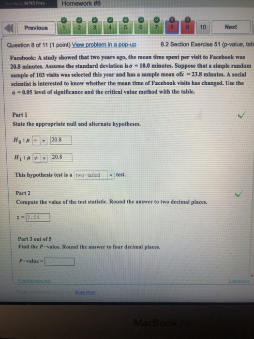 Homework #8 Al KS Corp Next 8 6 7 10 Previous Question 8 of 11 (1 point) View problem in a pop-up 8.2 Section Exercise 51 (p-