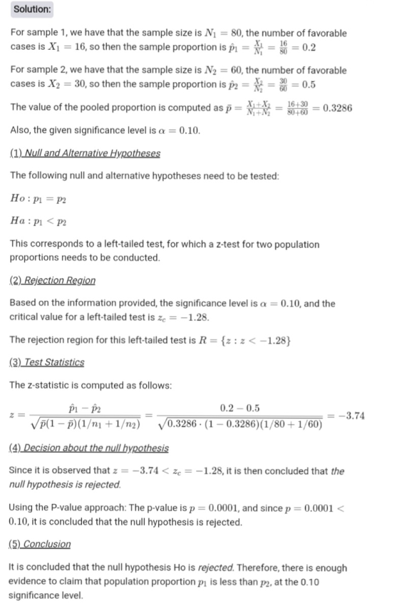 Solution: For sample 1, we have that the sample size is N1 = 80, the number of favorable cases is X1 = 16, so then the sample
