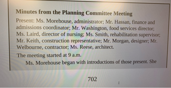 Minutes from the Planning Committee Meeting Present: Ms. Morehouse, administrator; Mr. Hassan, finance and admissions coordin